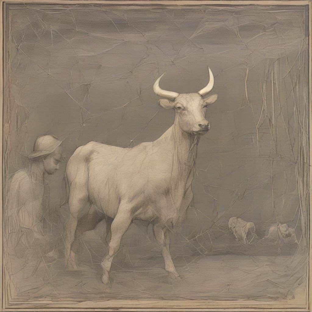 Bull Sculpted from Spiderwebs in Mixed Artistic Styles