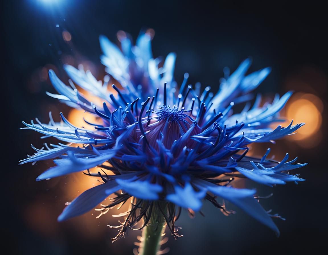 Hyperrealistic Cornflower in Dark, Mysterious Lighting