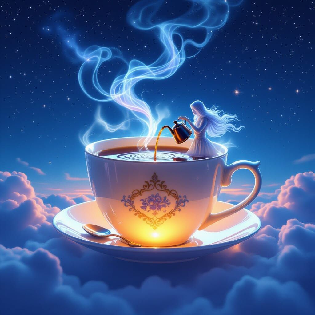 Enchanted Teacup Cafe Floating in Starlit Sky