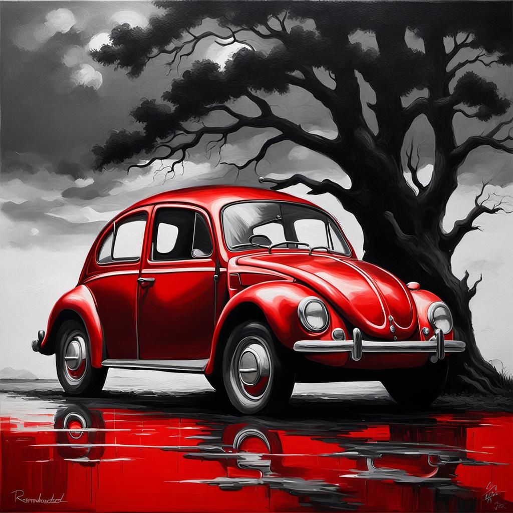 Red VW Beetle in Rembrandt Style Oil Painting