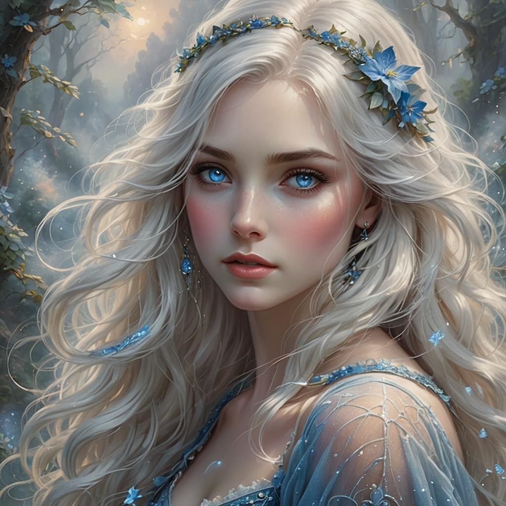 Ethereal Girl with White Hair in Fantasy Style