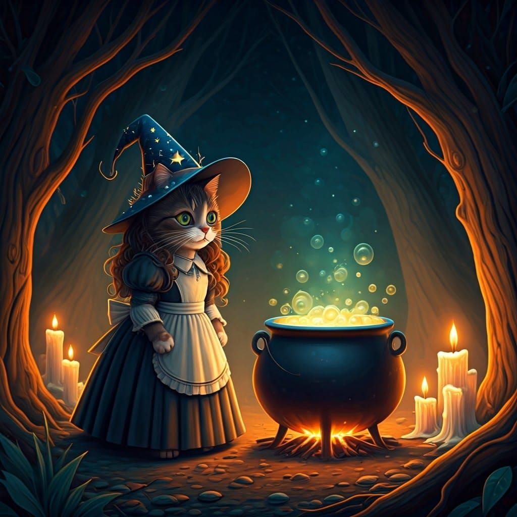 Cat Witch Brews Potion in Mystical Forest