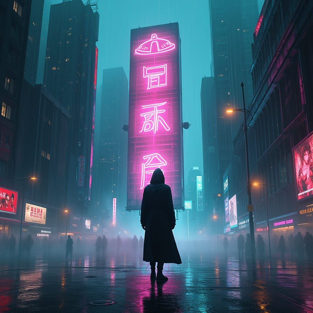 Lone Figure Silhouetted Against Futuristic Neon Sign in Cybe...