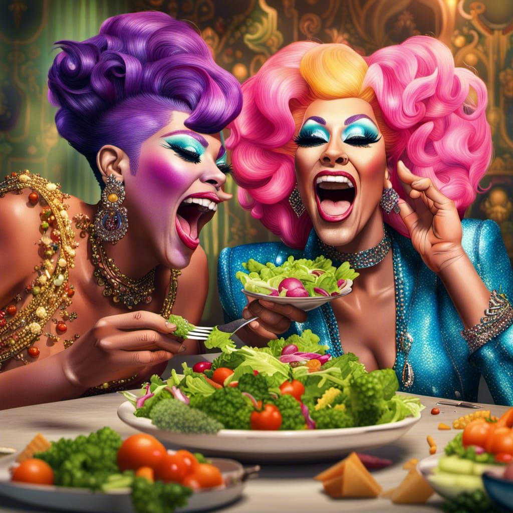 Hyperrealistic Drag Queens Enjoying Salad: Splash Art
