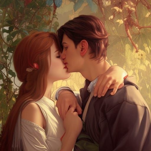 Kissing Couple Portrait in Art Nouveau Style