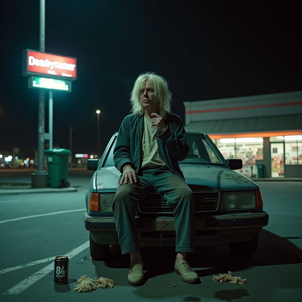 Gritty Urban Scene of a Tired Street Worker at Night in Real...