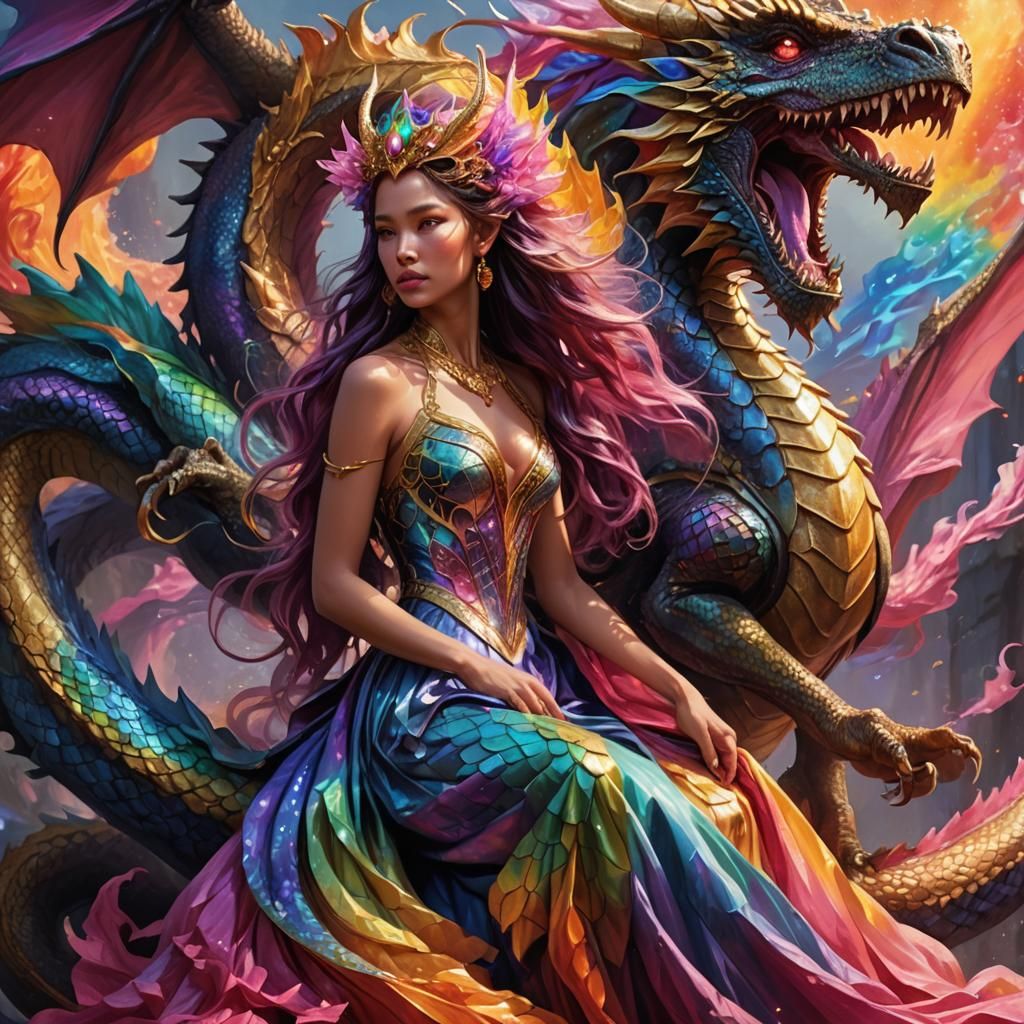 Rainbow Dragon Rider in Art Nouveau Style