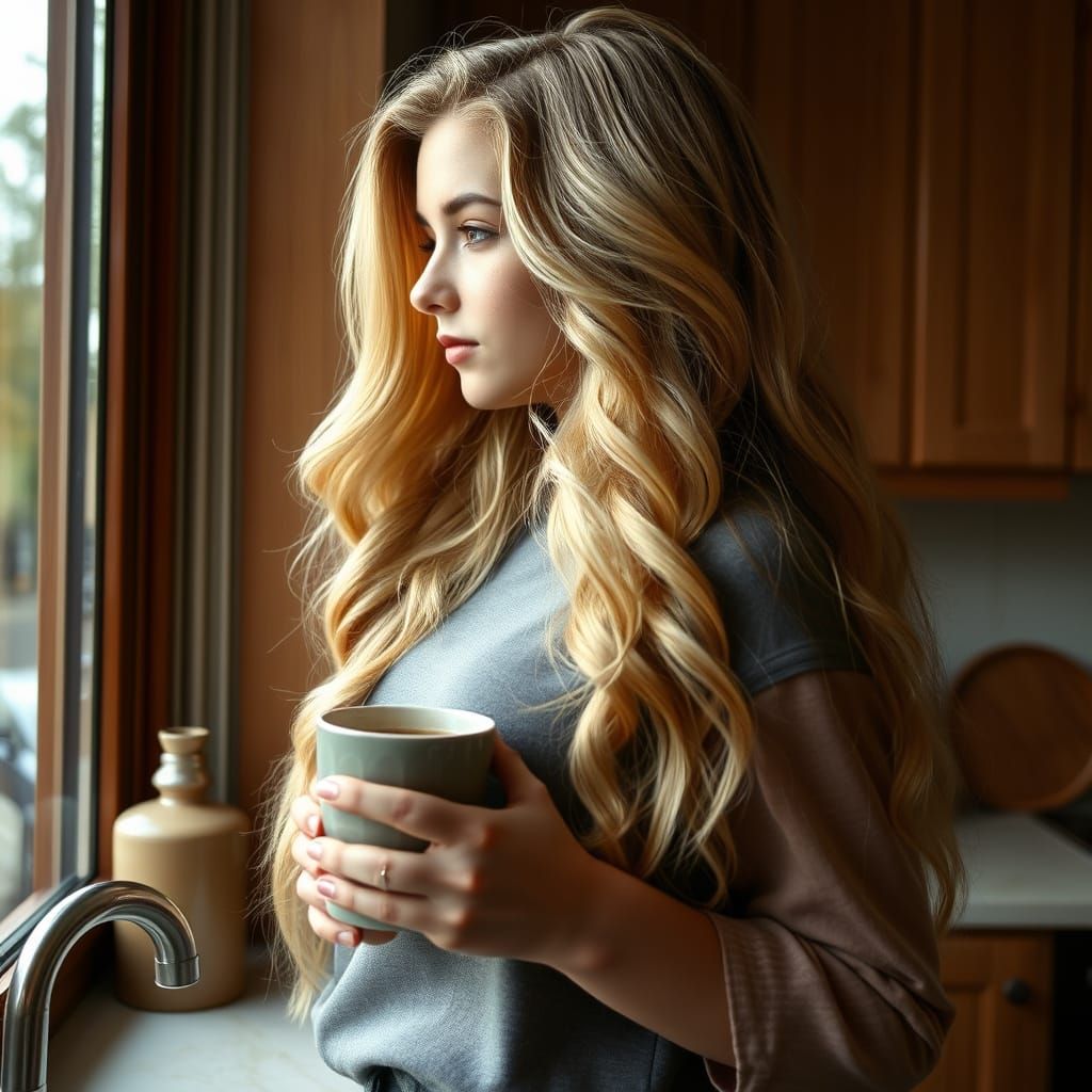 Woman Holding Coffee Mug by Kitchen Window