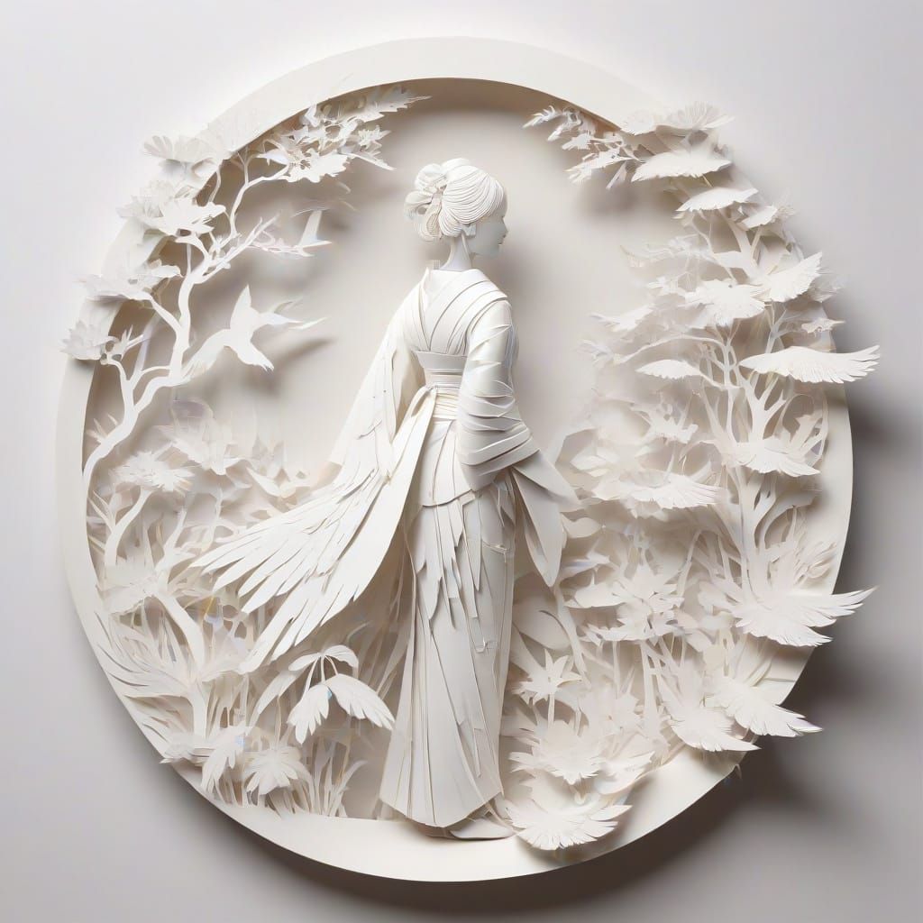 A Japanese Woman in White Kimono, Silhouetted Against a Cran...