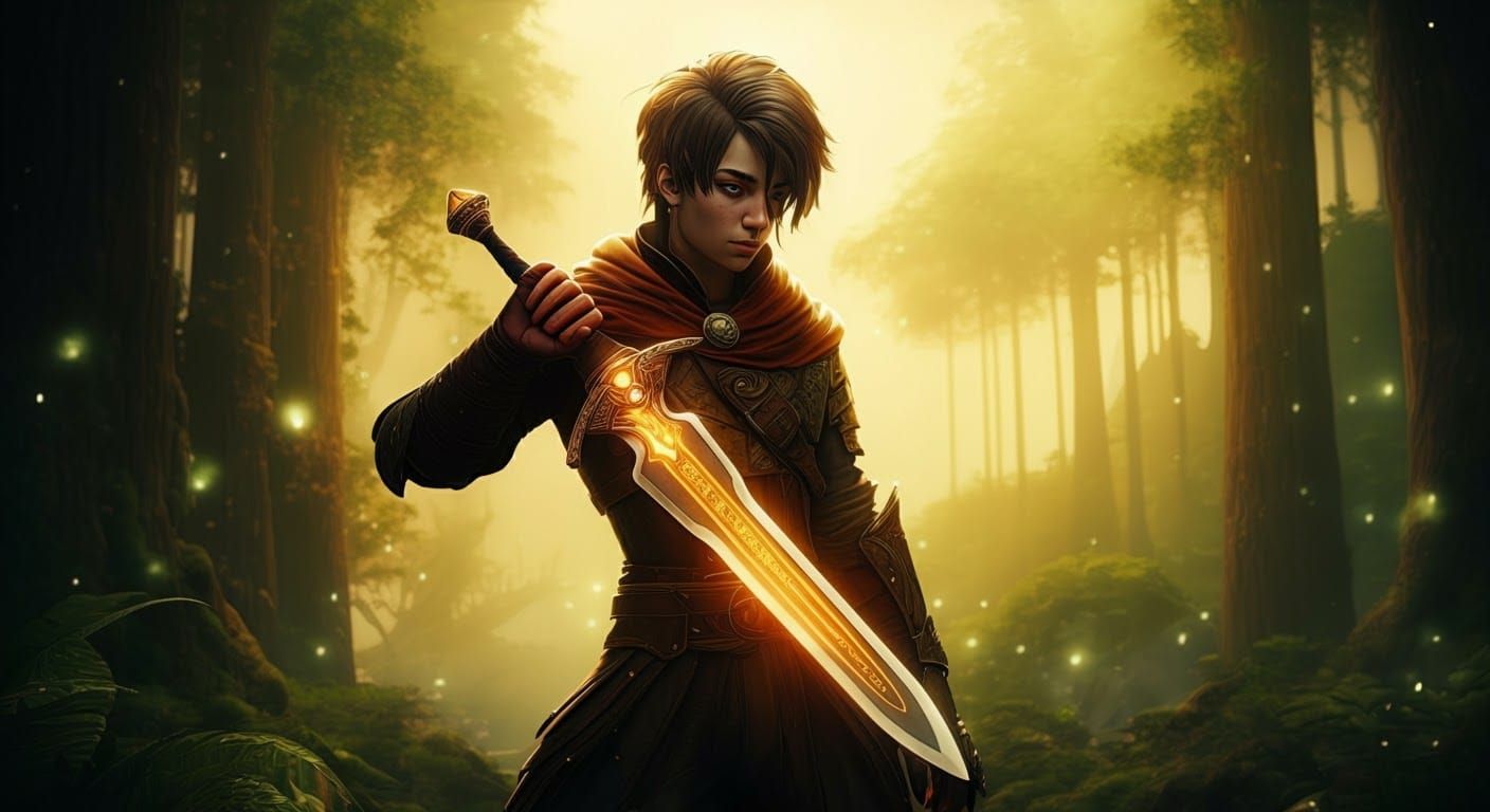 Mystical Warrior in Ancient Forest, Golden Hour Glow