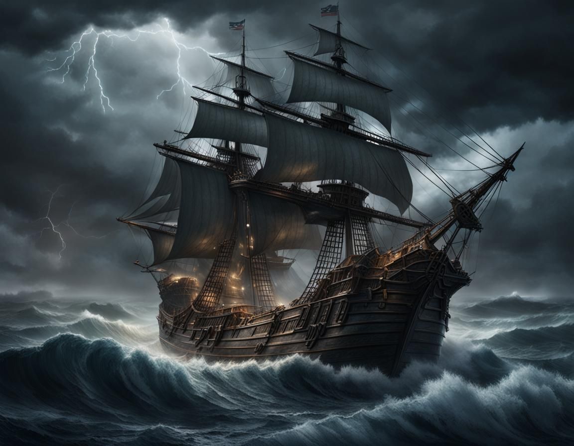 Galleon in Storm: Gothic Fantasy Art Nouveau