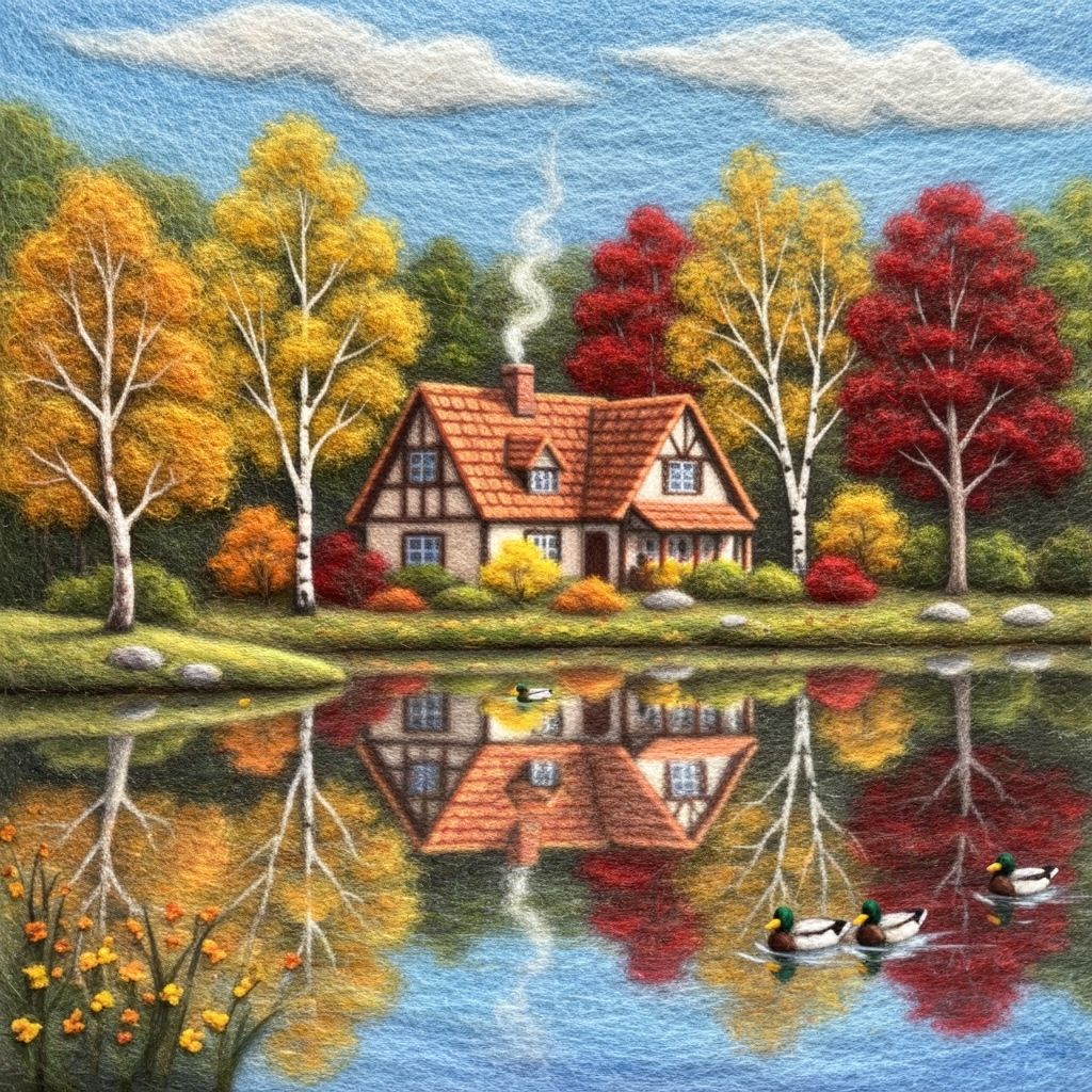 Autumn Lake House in Needle Felt Style