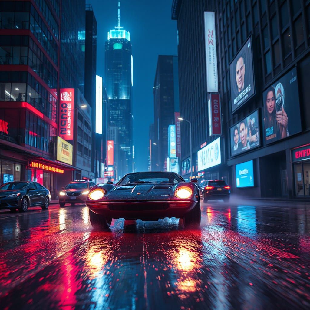 Cyberpunk Hovercar Races Through Neon Cityscape