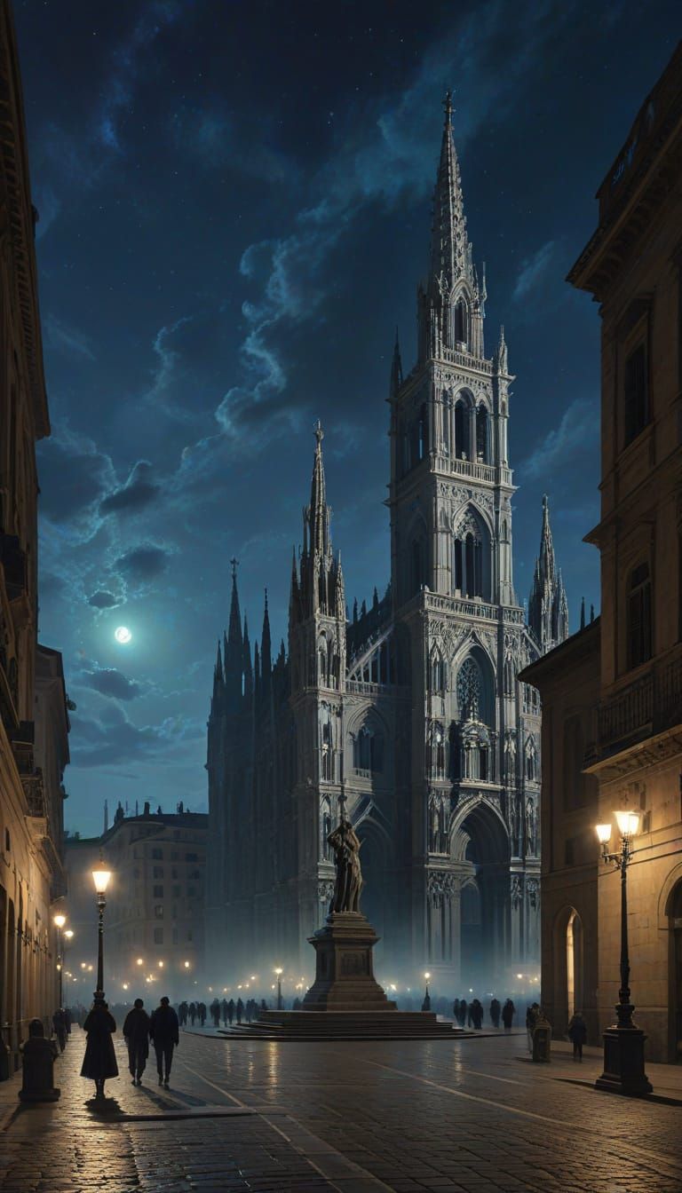 Angelo Inganni (1807–1880) Night view of Piazza del Duomo in...