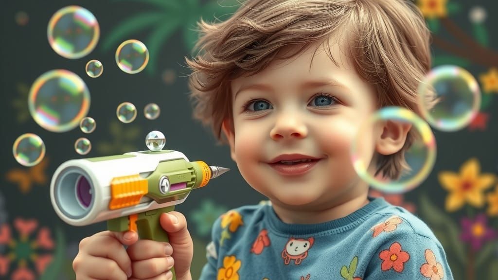 Child Blowing Bubbles in Beatrix Potter Style