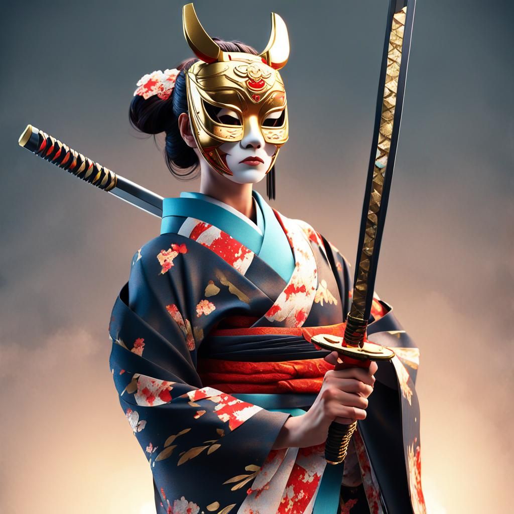 Samurai Woman in Kimono with Katana: 3D Anime Art