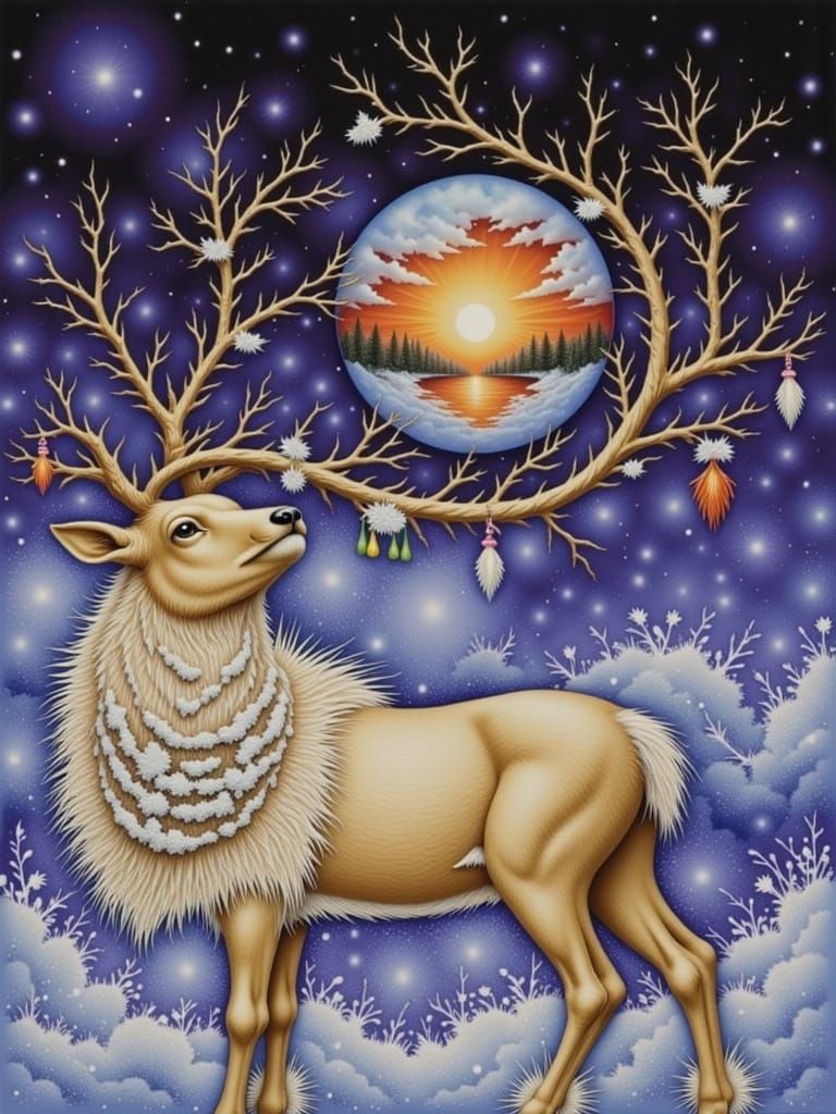 Reindeer Gazes at Sunset Globe in Antlers