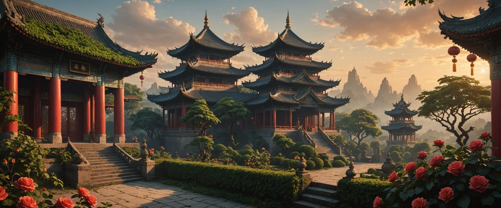 Chinese Temple with Ivy and Roses: Digital Matte Painting