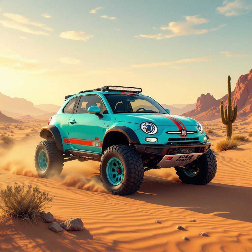 Fiat 500 Baja in Desert Sunset, Futuristic Style