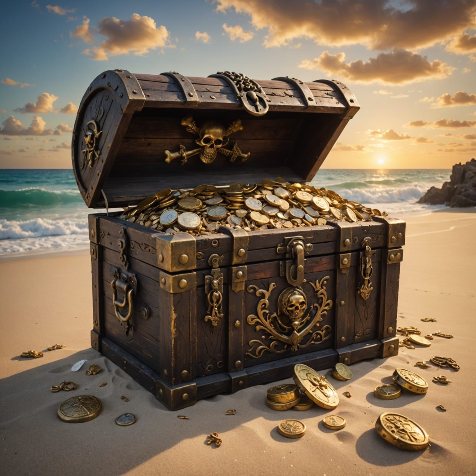 Sunset Treasure: Ancient Pirate Chest on Beach