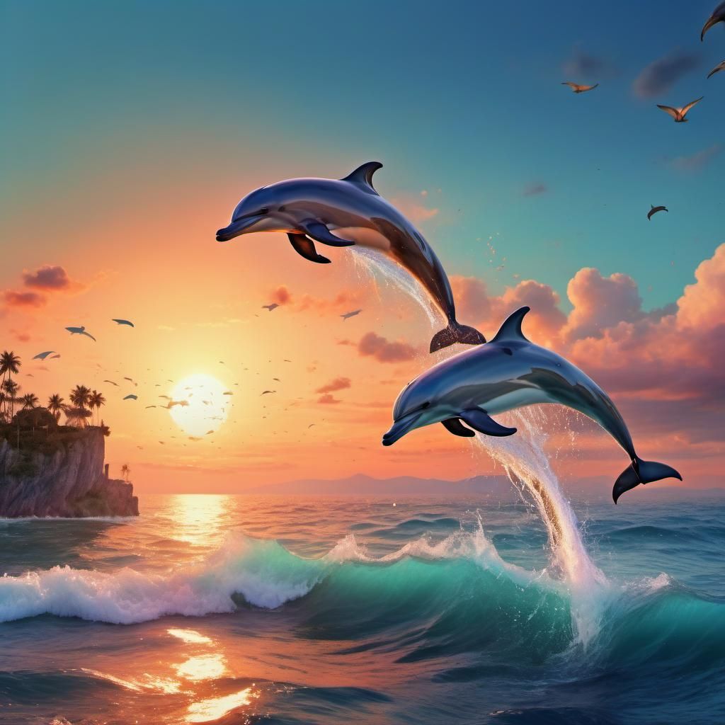 Watercolor Sunset Sea with Dolphins, Detailed Painting