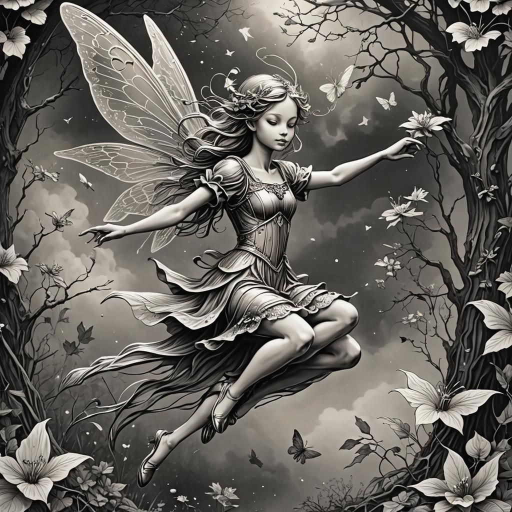Engraved Flying Fairy Illustration