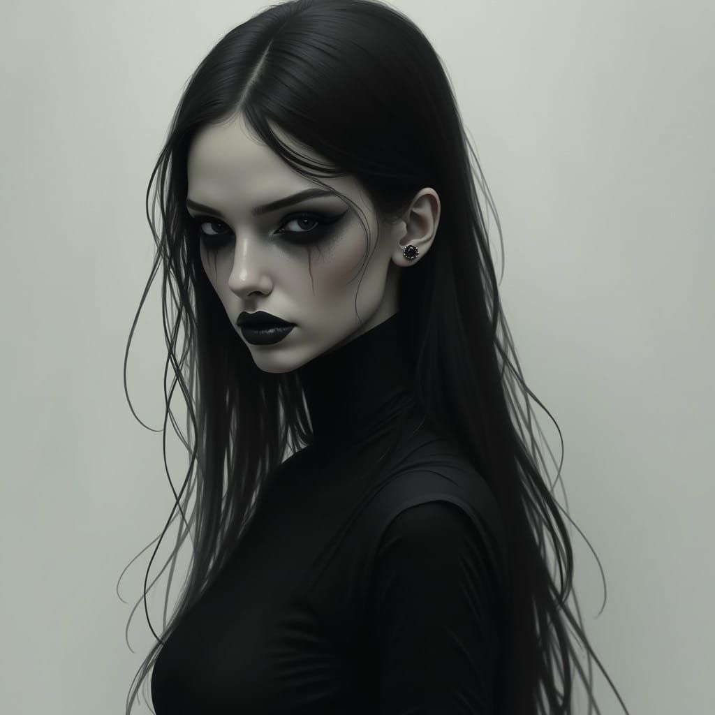 Mysterious Figure in Dark Attire with Piercing Black Eyes