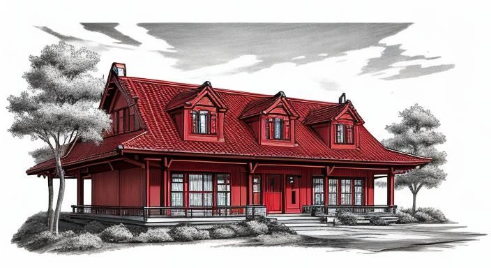 House Line Drawing with Red Accents: Anime Style