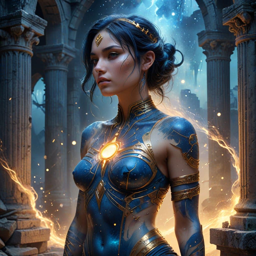 Woman With Glowing Celestial Tattoos in Ancient Ruins