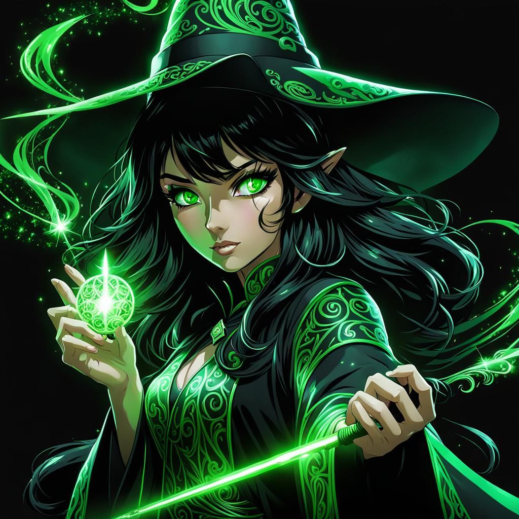 Green-Eyed Girl Wizard with Wand in Anime Style