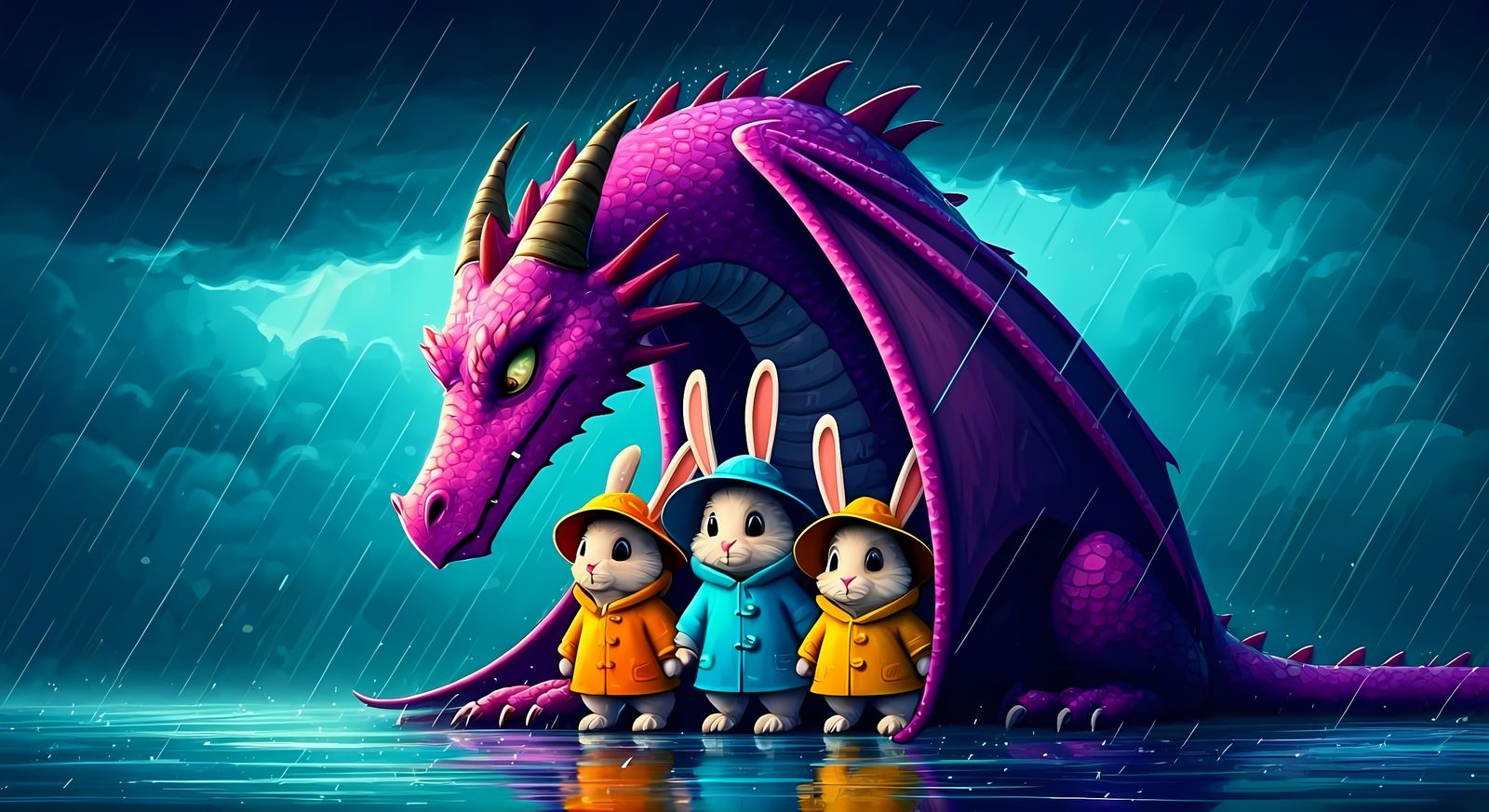 Bunnies Take Shelter Under Purple Dragon's Wing