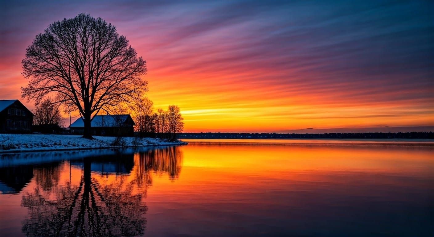 Vibrant Sunset Landscape with Silhouetted Tree and Quaint Ho...