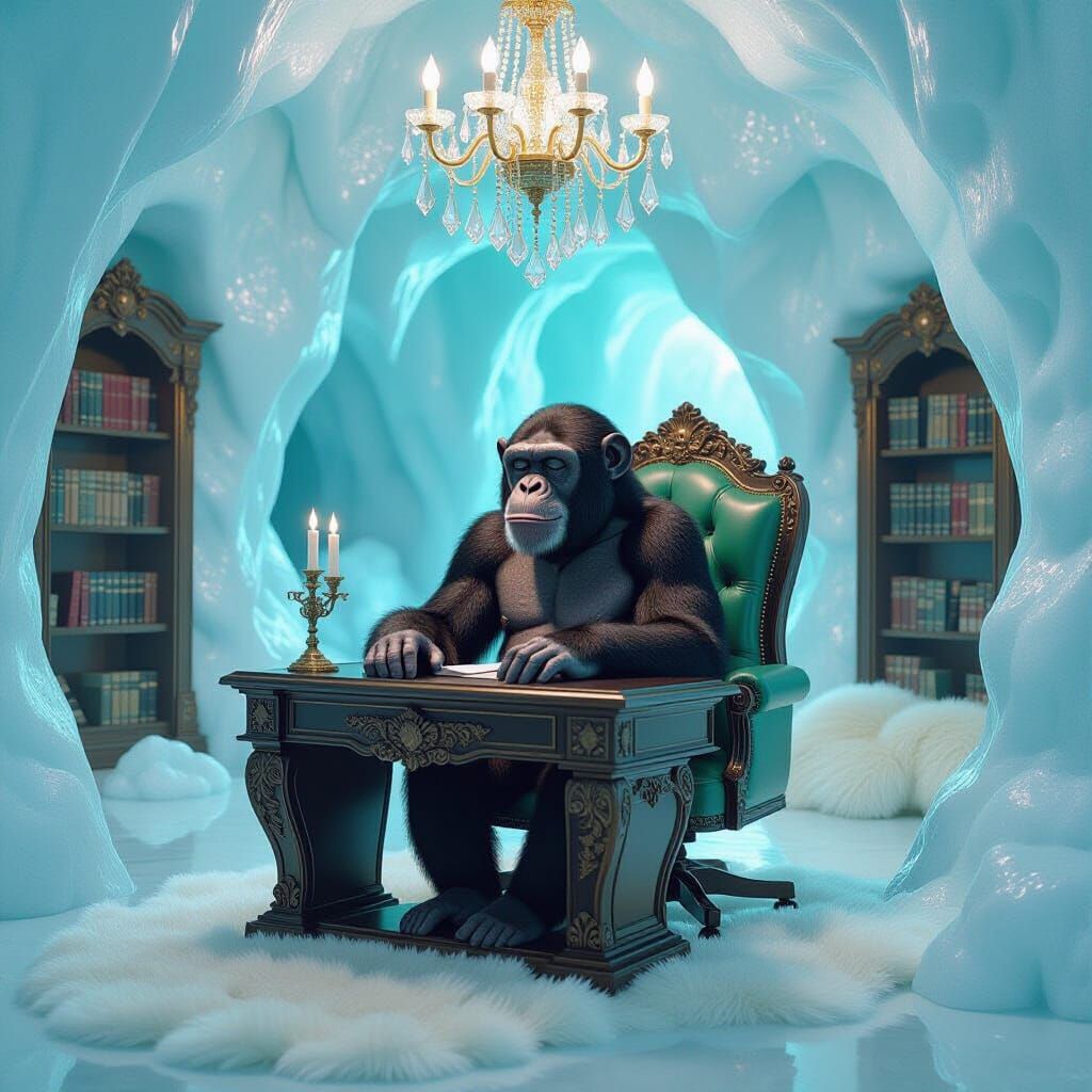 Meditative Chimpanzee in Lavish Ice Cave Office