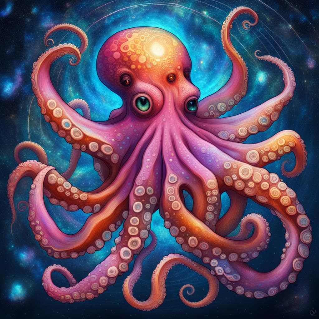 Cosmic Octopus Hybrid: Holographic Astral Illustration