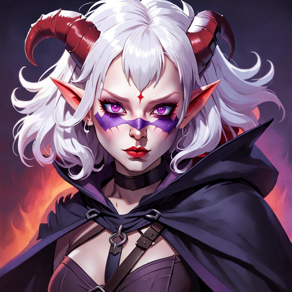 Dramatic Close-Up of a Tiefling in High Fantasy Style