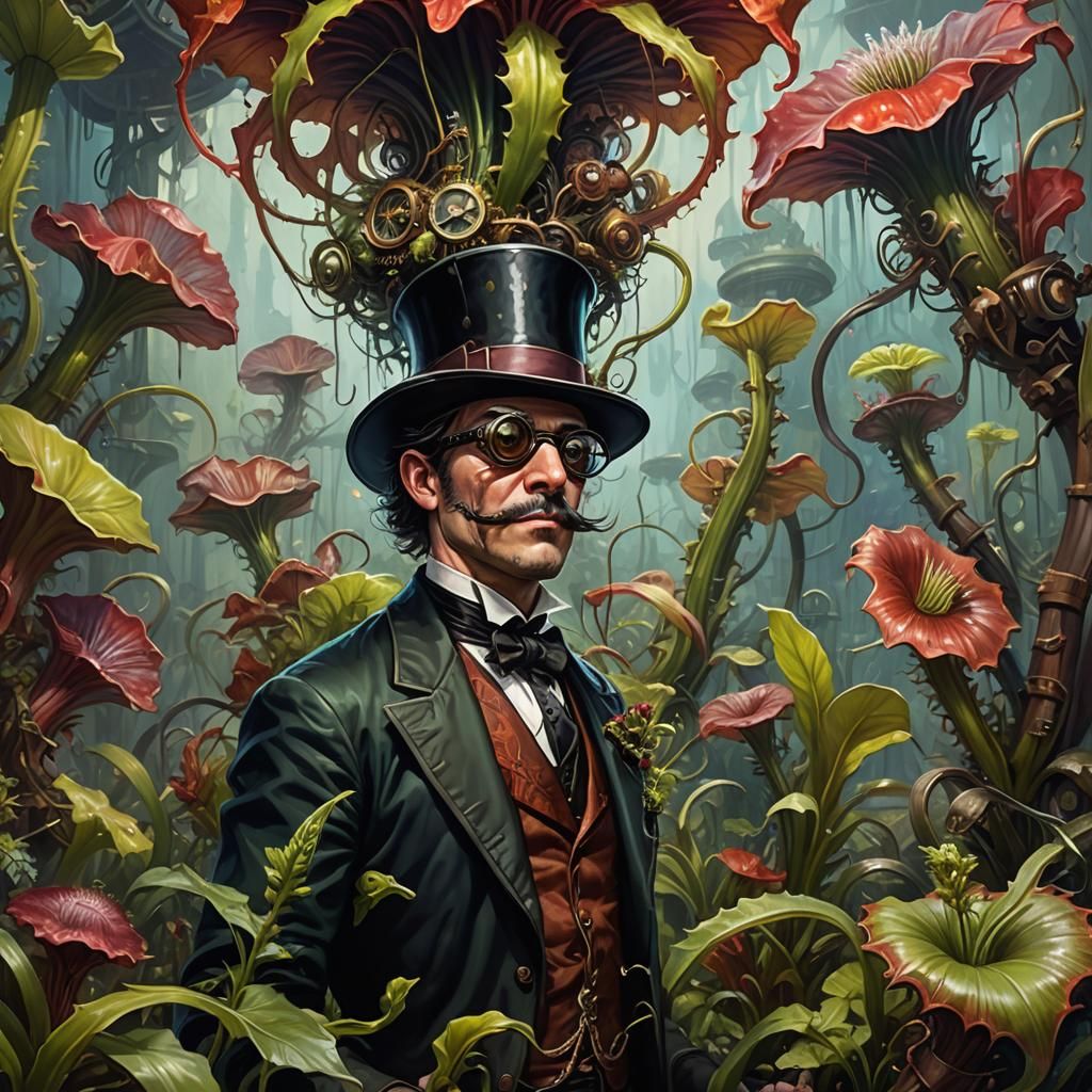 Steampunk Adventurer Versus Carnivorous Plants in Oil Painti...