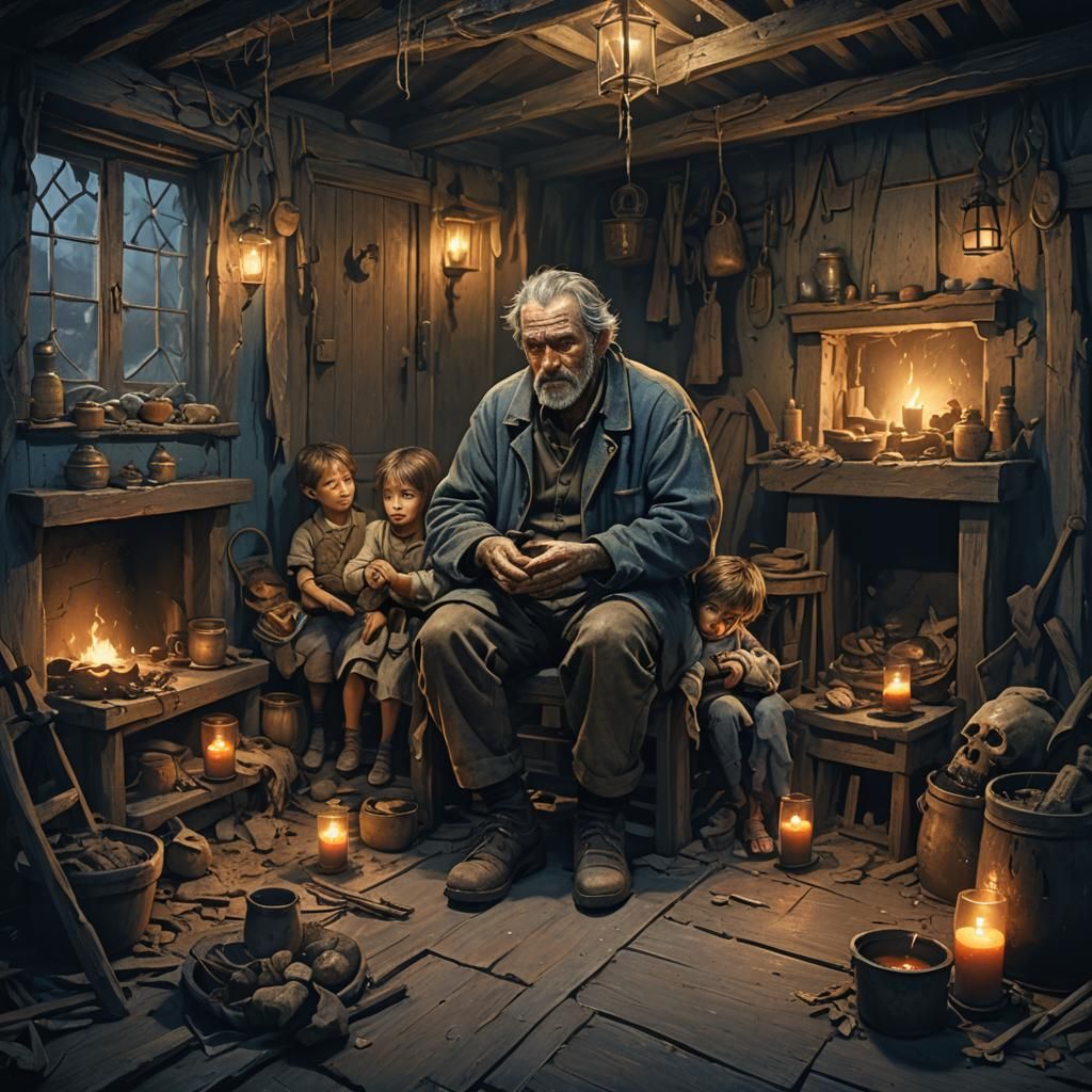 Starving Family in Cottage Lit by Candlelight