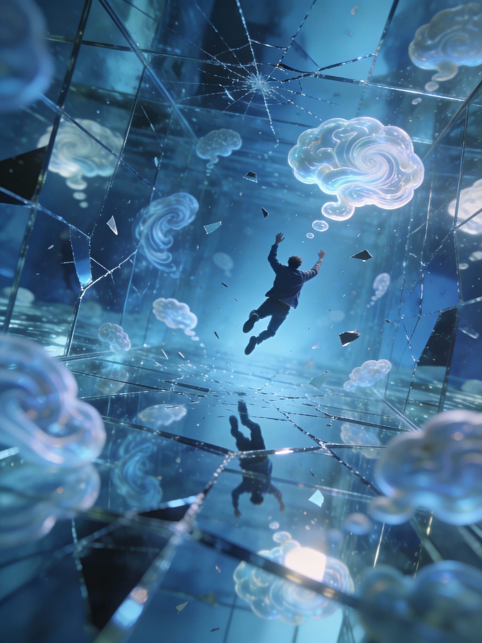 Surreal Man Falling Through Mirrored Void with Swirling Thou...