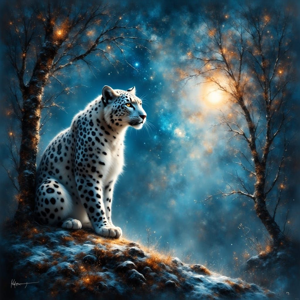 Ethereal Snow Leopard Cub in Cosmic Forest