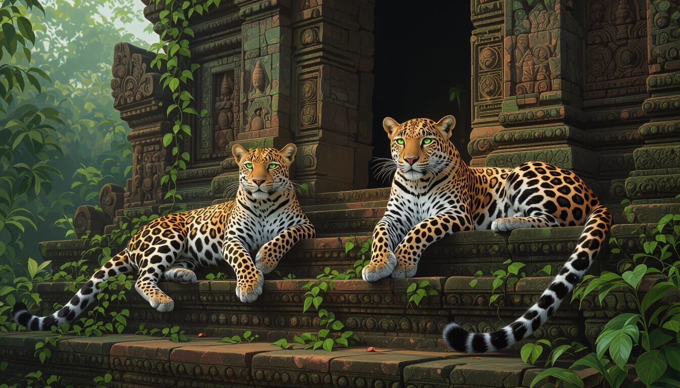 Green-Eyed Leopards Lounge at Ancient Laos Temple