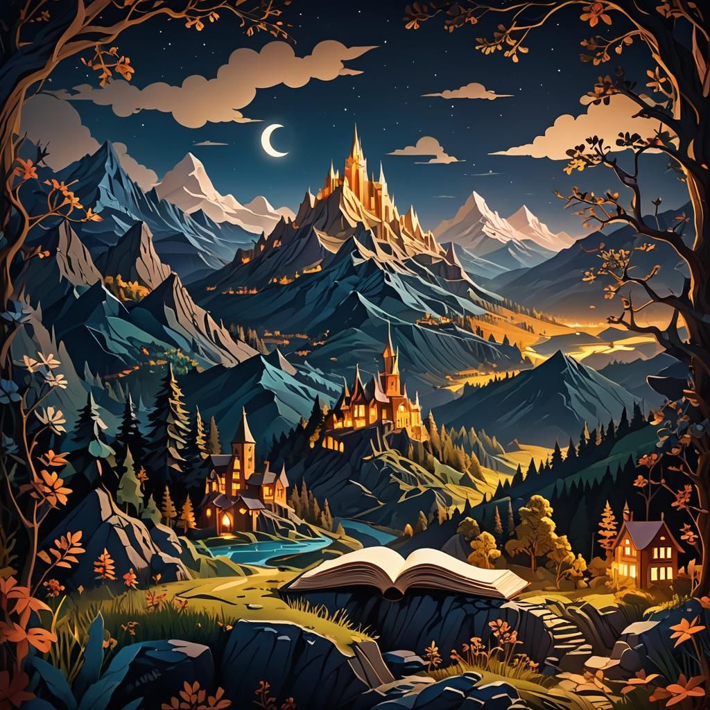 Night Mountain Landscape Papercut Illustration