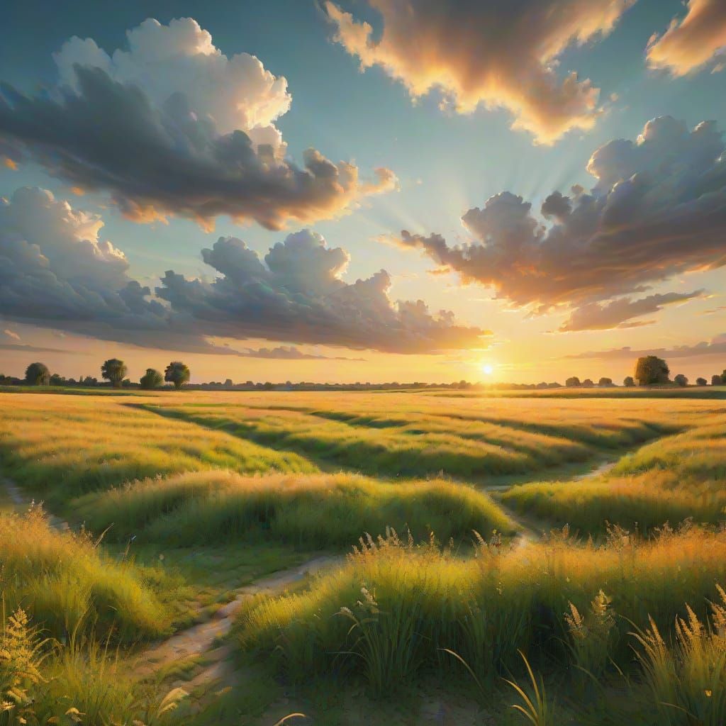 Serene Summer Sunset over a Lush Green Field in Oil Painting...