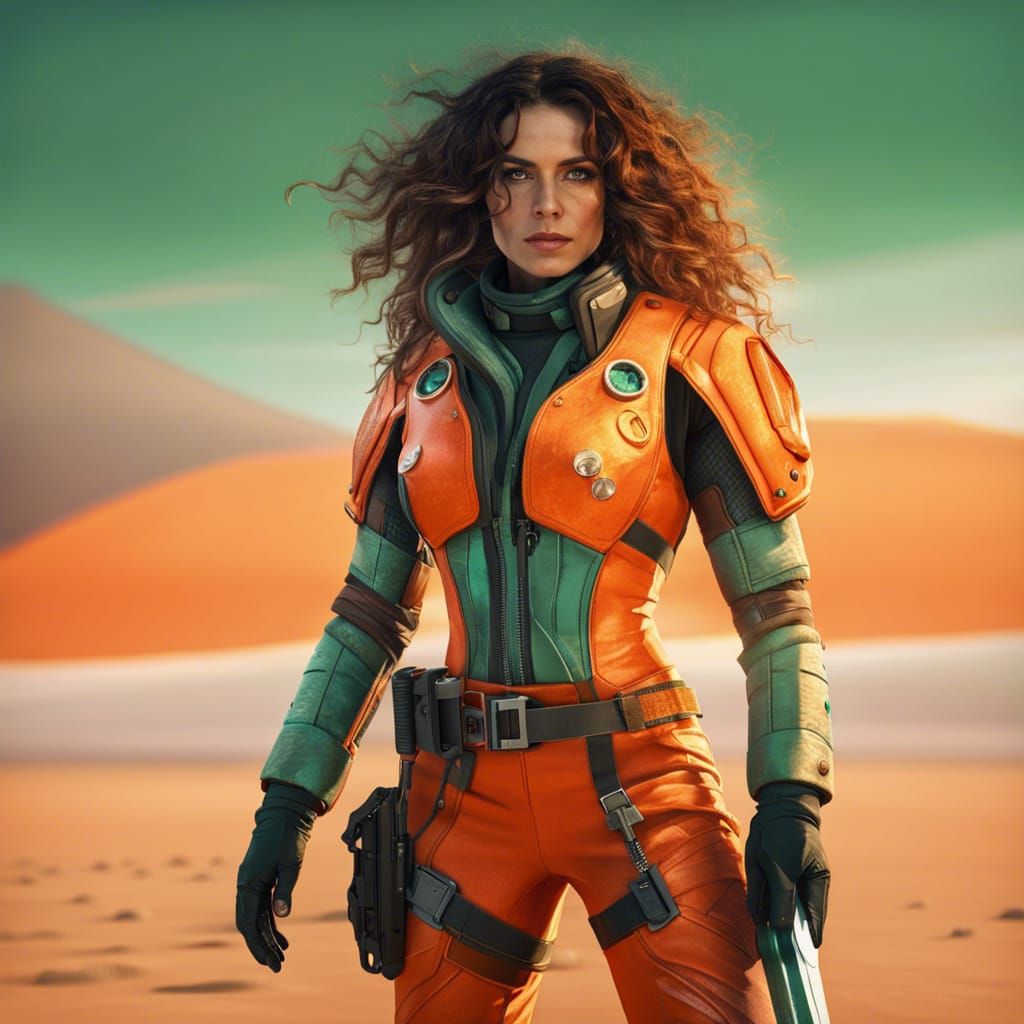 Sci-Fi Woman with Sword in Desert Salt Flats