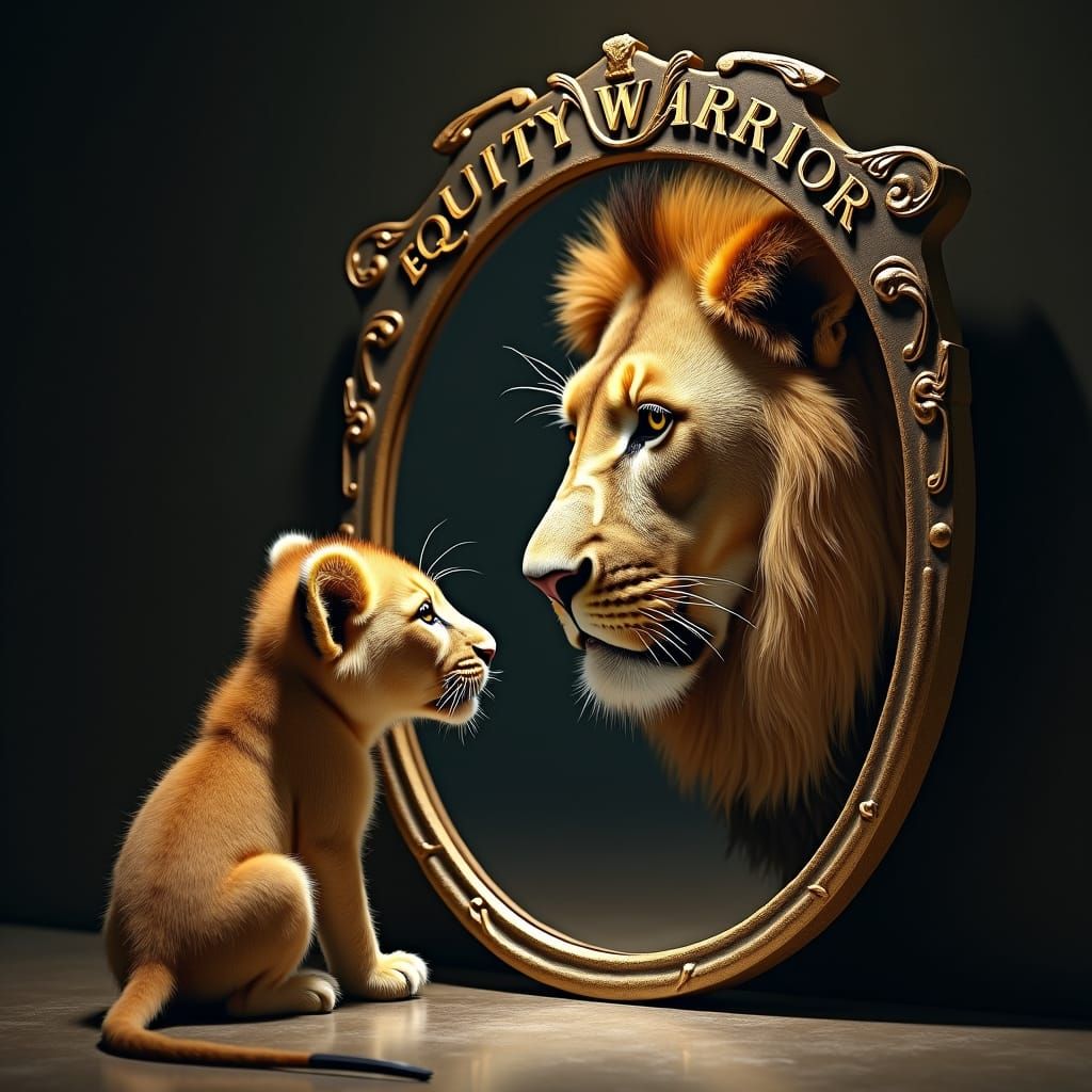 Lion Cub Stares at Future Self in Mirror