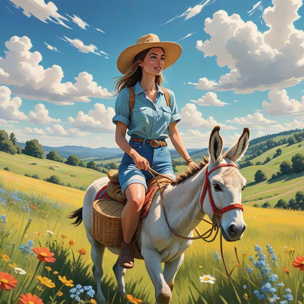 Cartoon Woman Rides Donkey in Sunny Meadow