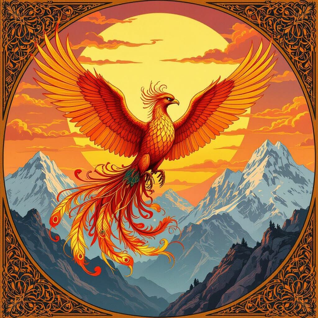 Phoenix Soars Through Sunset Sky: Fantasy Art Nouveau Style