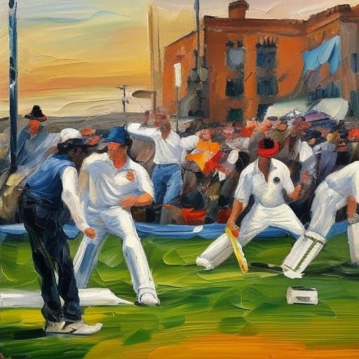 Ashes Cricket Match Disrupted in Neo-Impressionistic Style