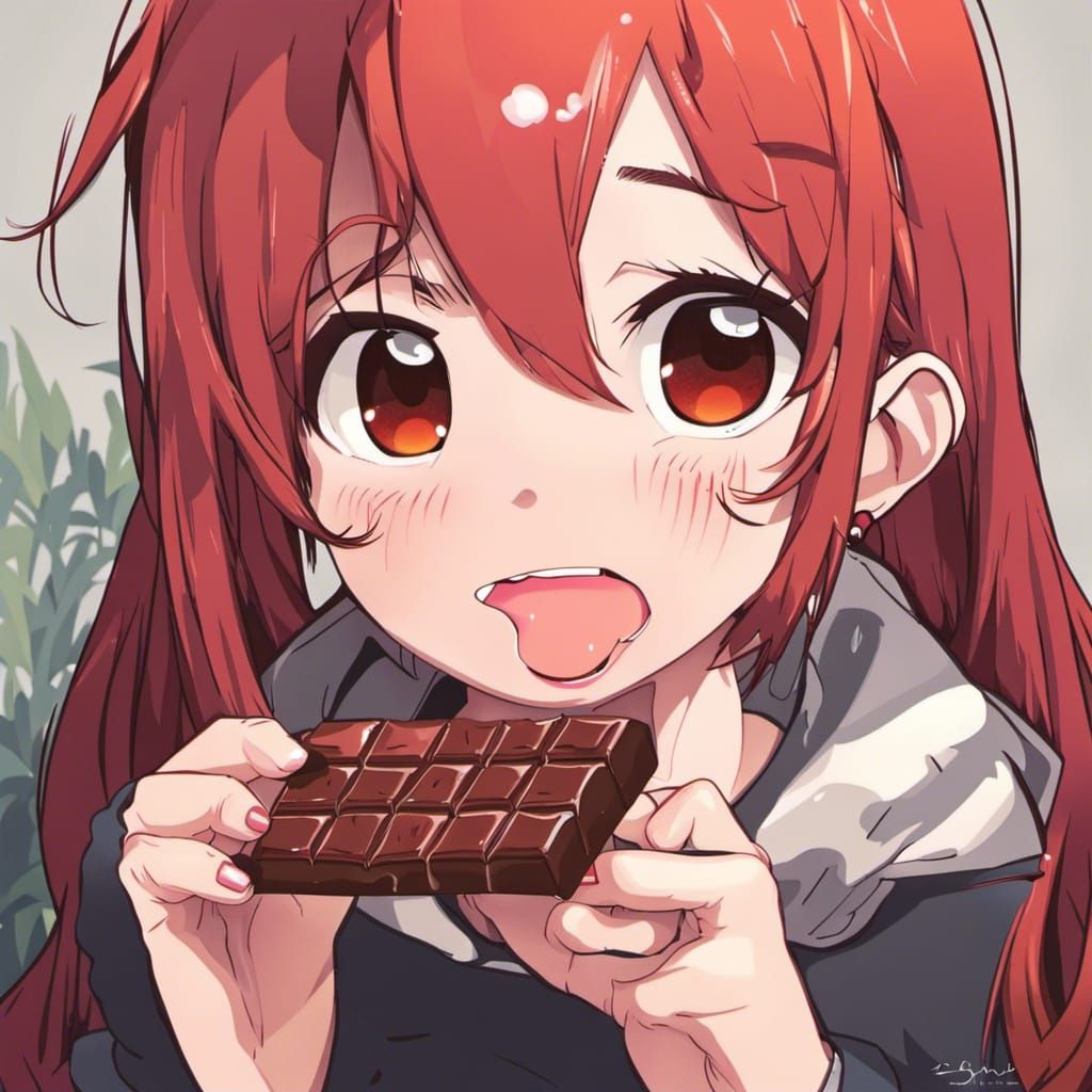 Red-Haired Girl Eating Chocolate in Anime Style