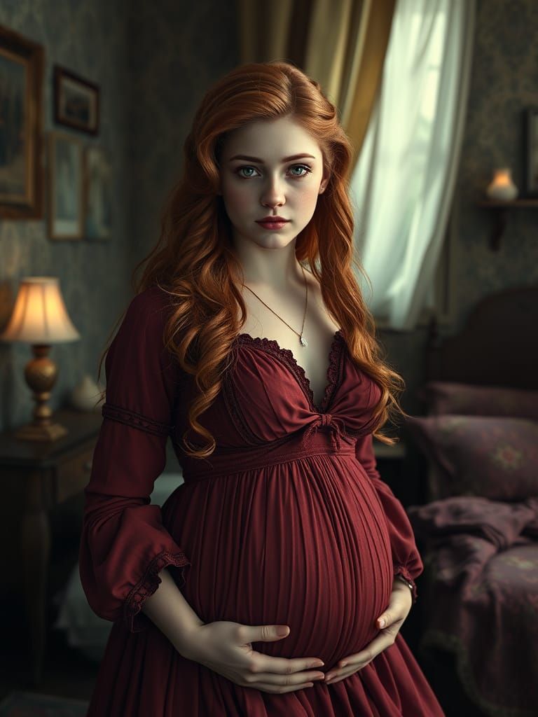 Elegant 19th Century Girl in Cranberry Dress