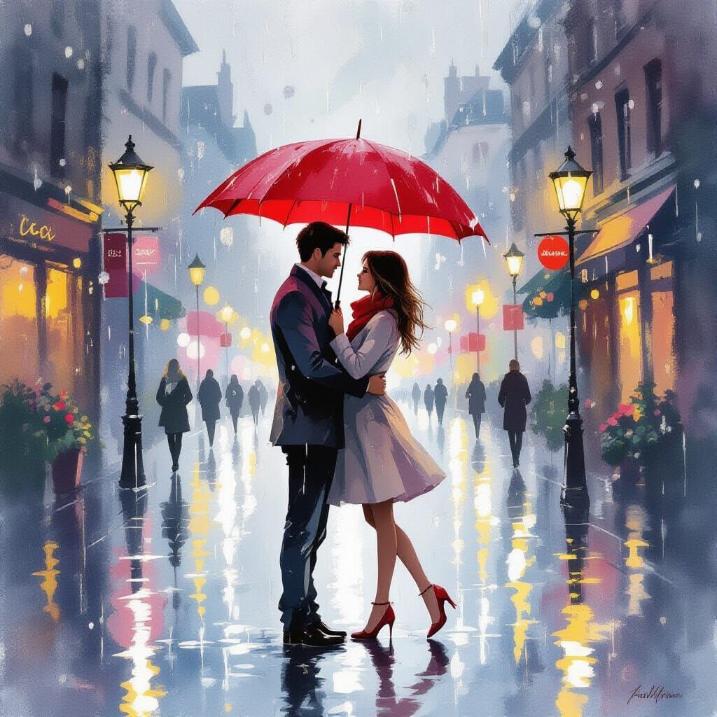 Couple Embracing Under Red Umbrella in Misty City